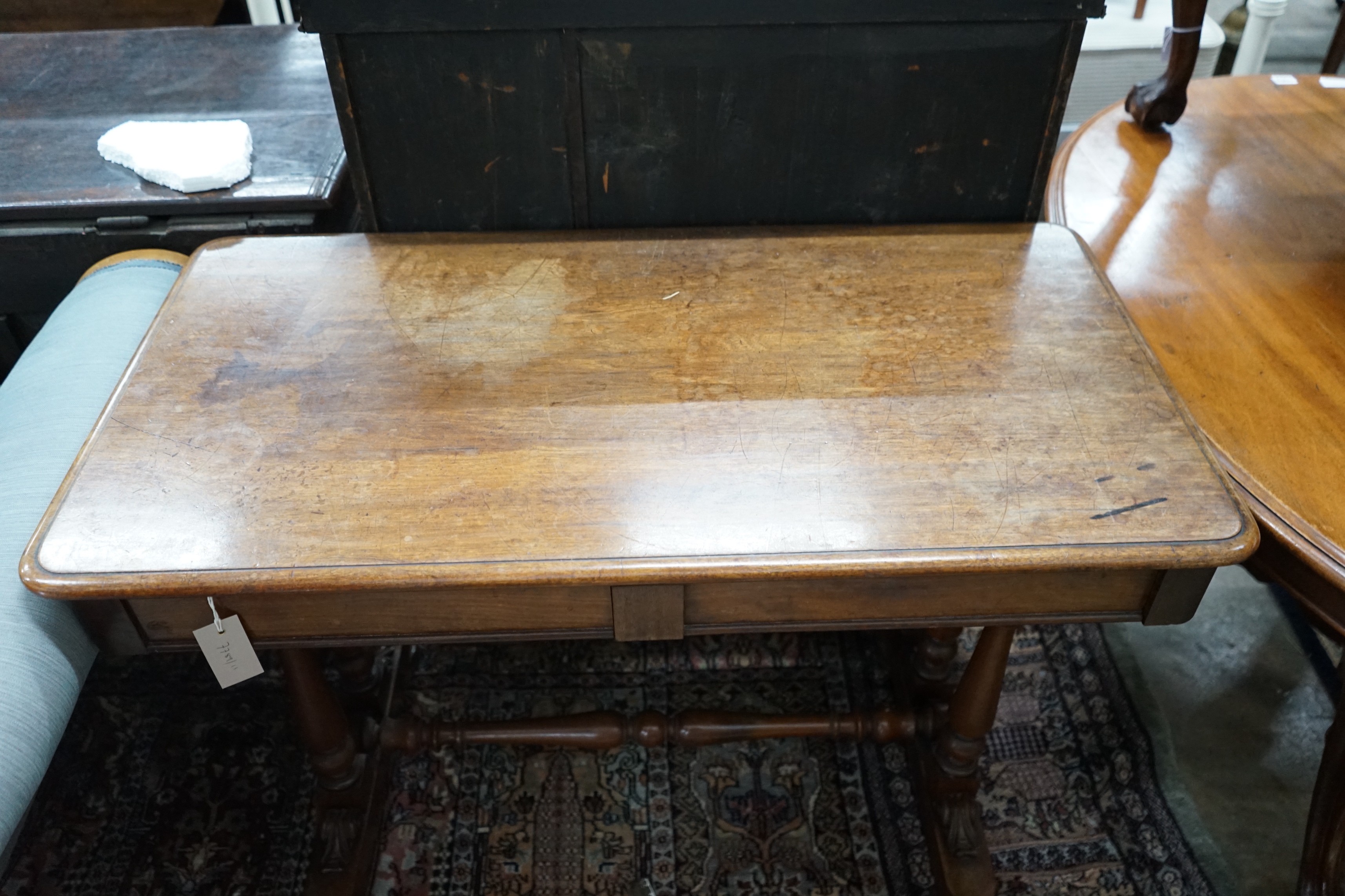 A Victorian mahogany two drawer centre table, width 99cm, depth 52cm, height 76cm.